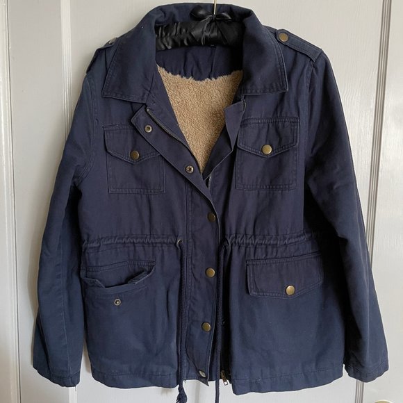 BRANDY MELVILLE Navy Doris Jacket with Fur Lining Navy Blue Anorak - Picture 5 of 8